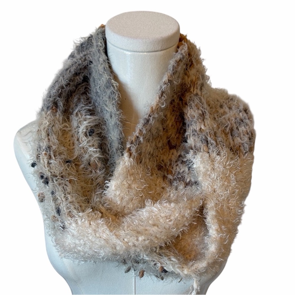 Chic Fluffy Textured Infinity Scarf in Gray, Tan and Cream Size OS